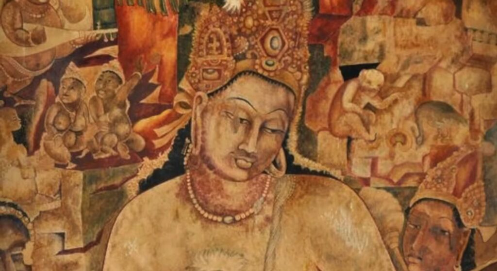 Ancient Buddhist paintings inside Ajanta Cave 1 with Bodhisattva Padmapani
