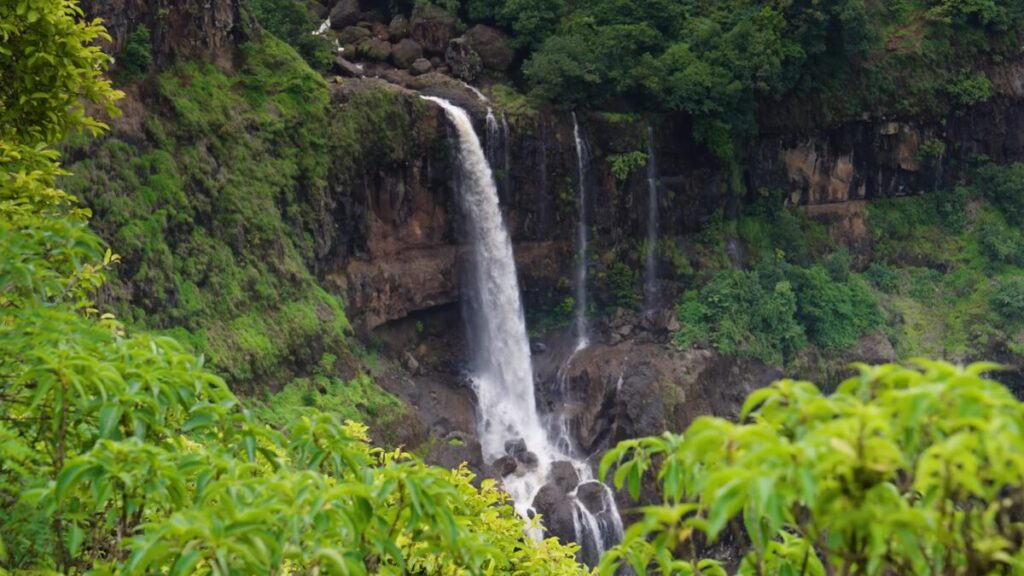 Tall Lingmala waterfall falling between green cliffs in Mahabaleshwar