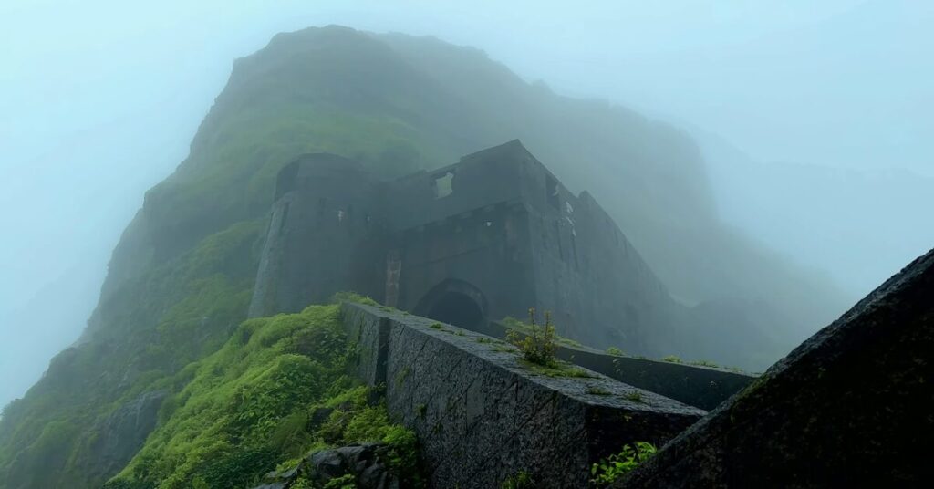 Lohagad Fort trek near Lonavala with misty mountain views