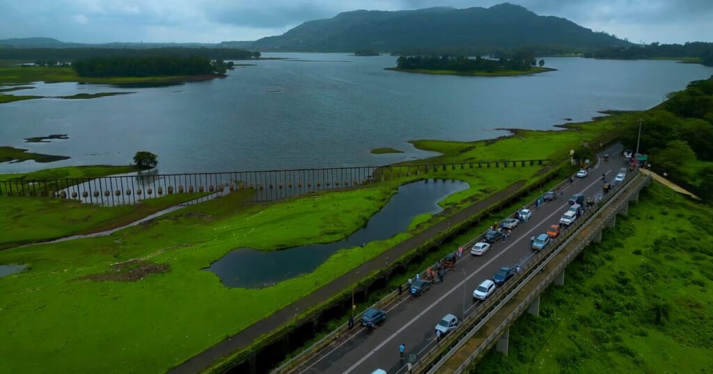 Peaceful view of Lonavala Lake surrounded by hills