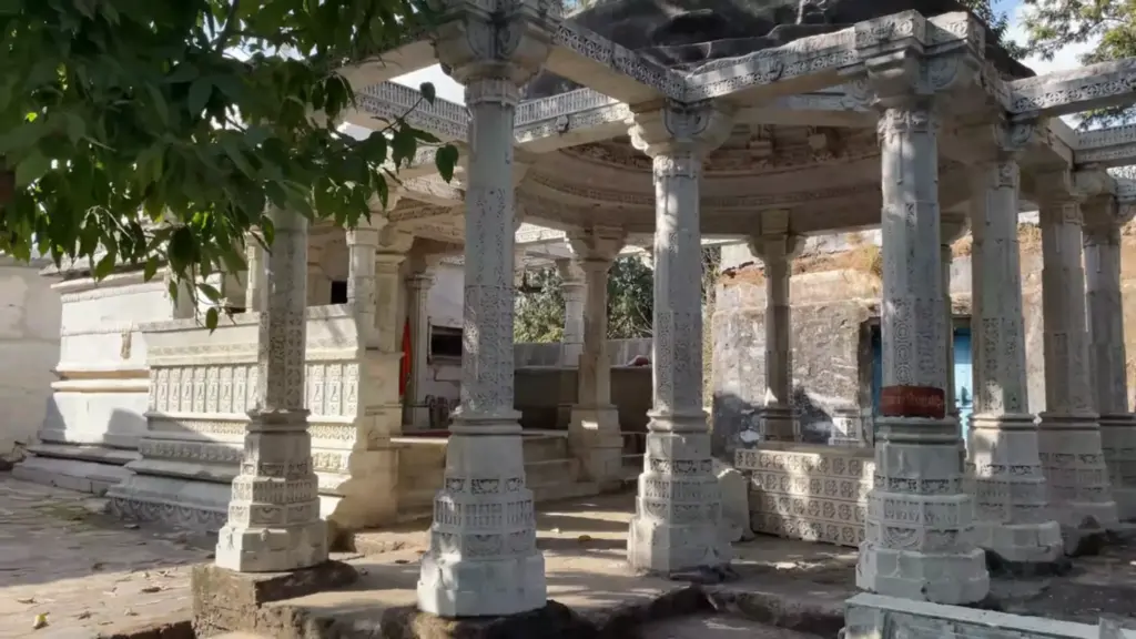 Stone pillars and carved mandap at Achaleshwar Mahadev Temple in Mount Abu
