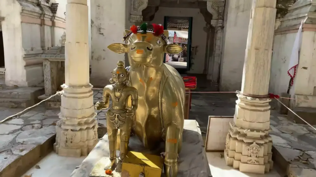 Nandi statue with Shiva representation inside Achaleshwar Mahadev Temple