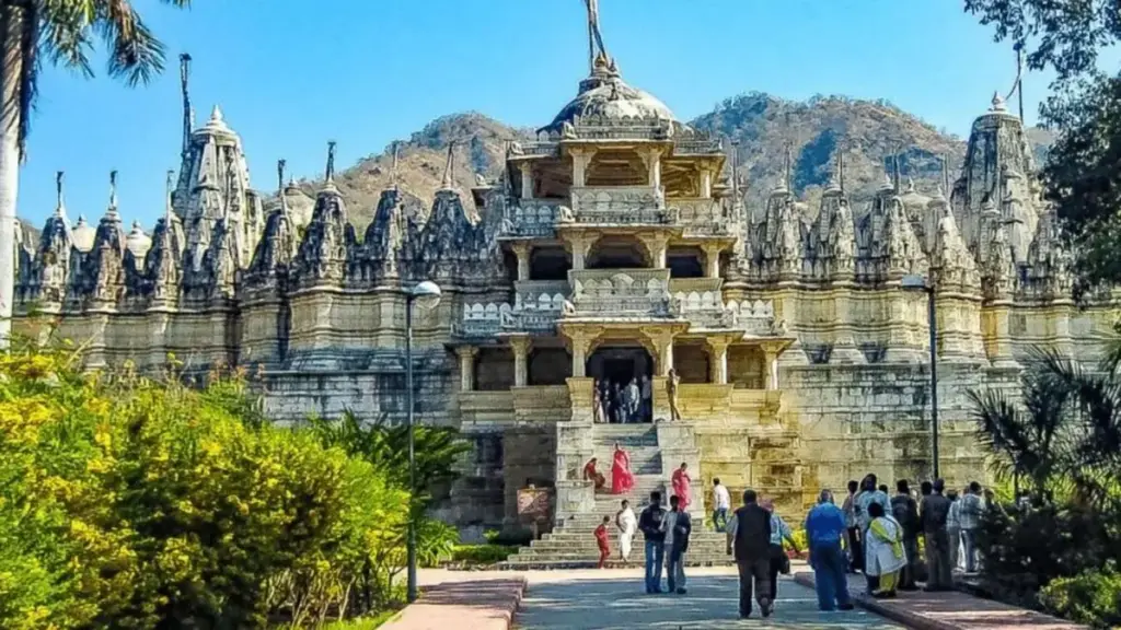 Exterior view of Dilwara Jain Temples in Mount Abu surrounded by hills