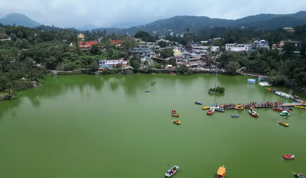 Aerial view of Nakki Lake in Mount Abu with boating and surrounding hills