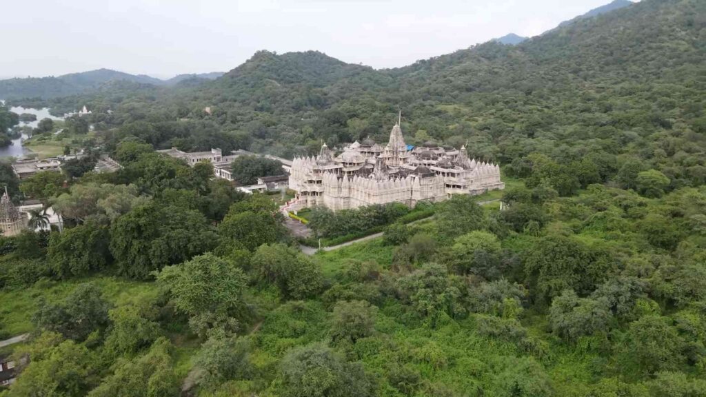 Aerial view of Ranakpur Jain Temple surrounded by Aravalli hills