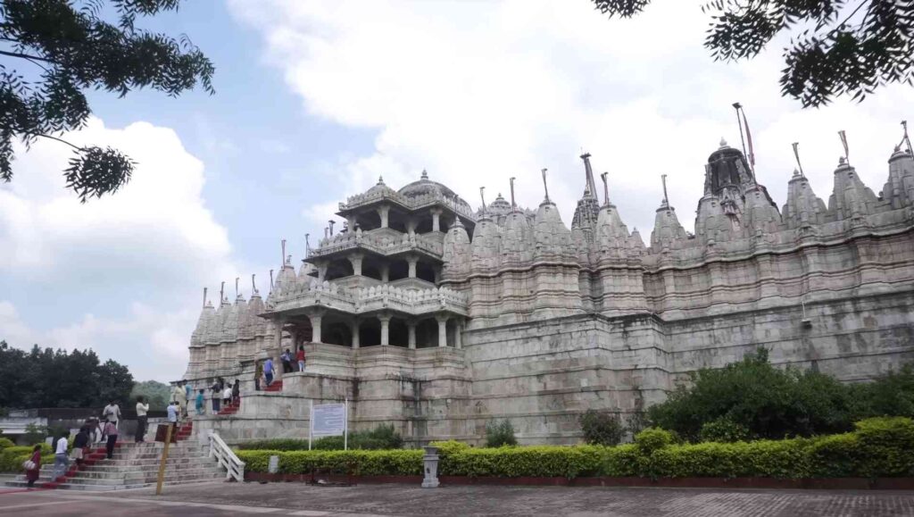 Side view of Ranakpur Jain Temple with detailed marble structure