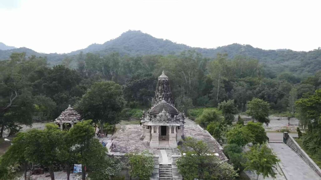Aerial view of Sun Temple near Ranakpur surrounded by Aravalli hills