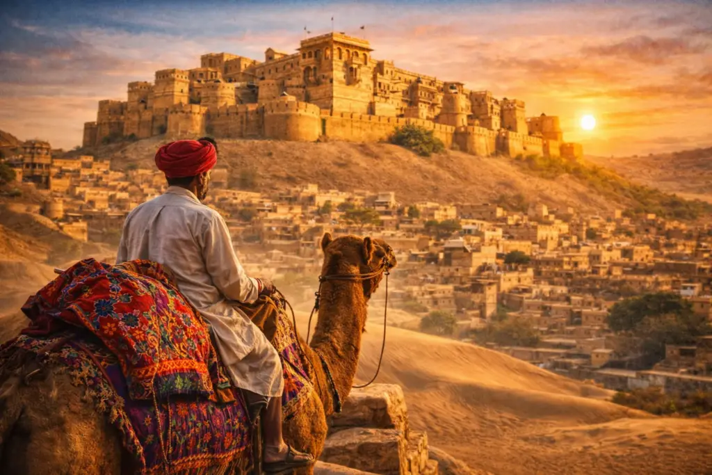 Camel rider overlooking Jaisalmer Fort at sunset in the Thar Desert, Rajasthan