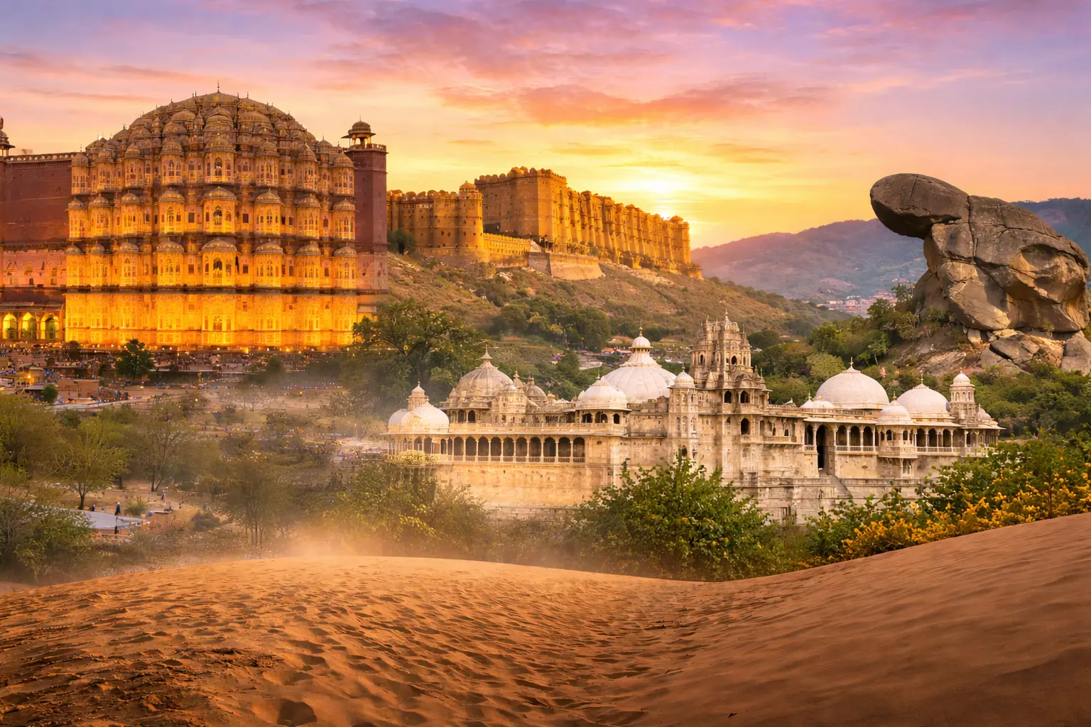 Rajasthan travel guide featuring Jaipur, Jaisalmer, Ranakpur, Mount Abu, and Udaipur landmarks