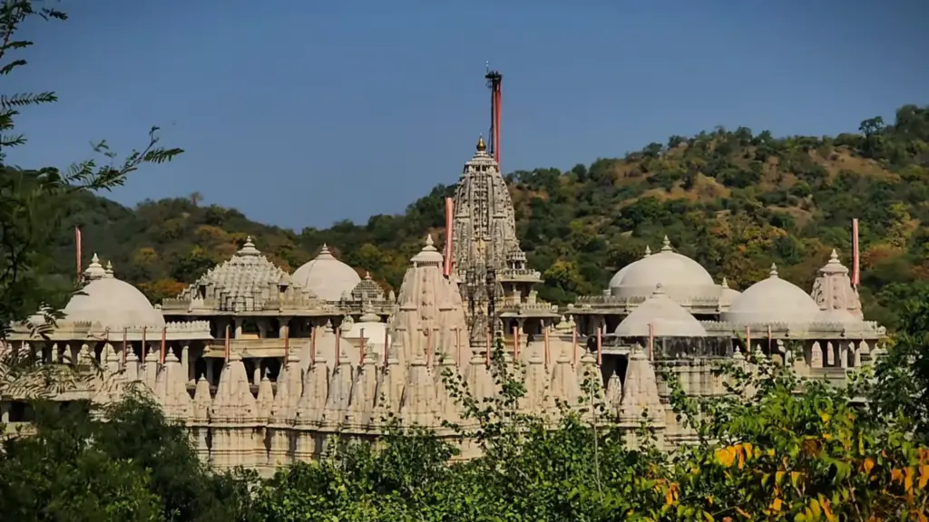 Ranakpur Jain Temple surrounded by Aravalli hills in Rajasthan